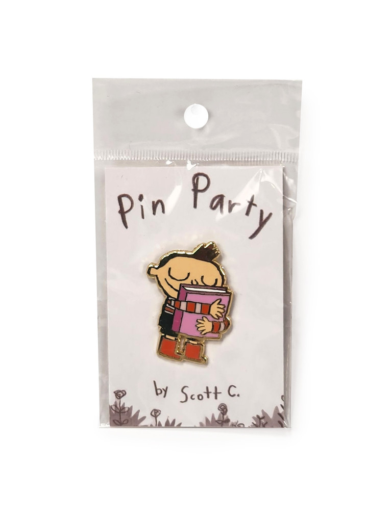 Hug Machine hugging a book enamel pin in package