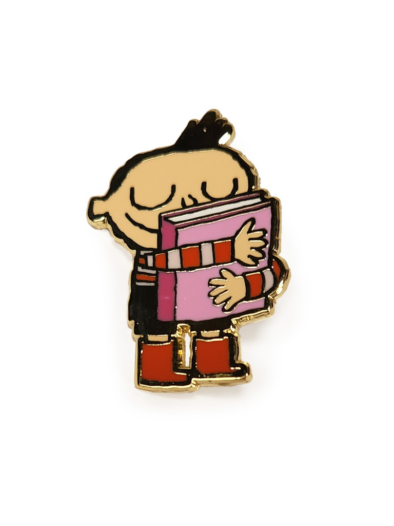 Hug Machine hugging a book enamel pin